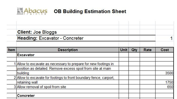 Owner Builder Estimation Sheet