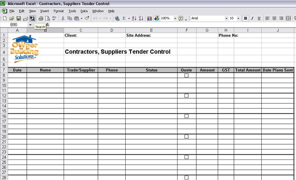 Owner Builder Tender Control Sheet