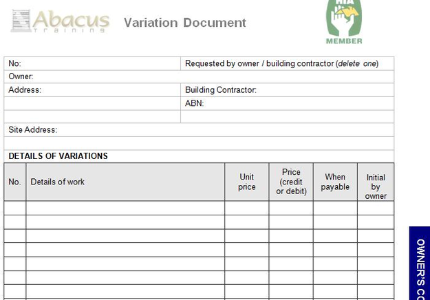 Owner Builder Variation Document