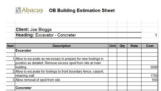 Owner Builder - Estimating Sheets